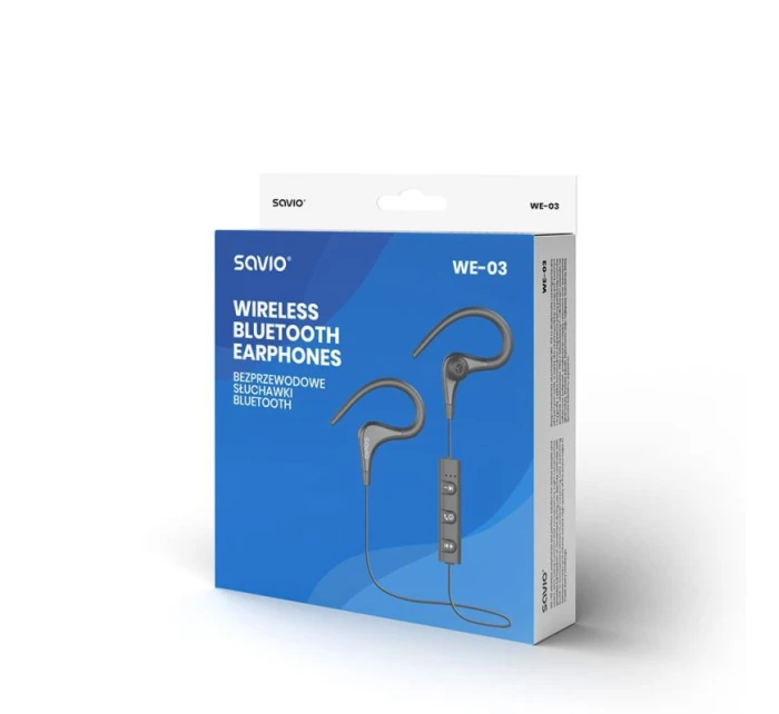Bezdrátová sluchátka, s mikrofonem, se sluchátky SAVIO WE-03 (dokovací stanice, sportovní; bezdrátová, Bluetooth; se zabudovaným mikrofonem; černá barva)
