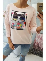 Halenka s 3D grafikou kočky pudrově růžová Halenka s 3D grafikou kočky pudrově růžová