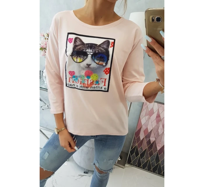 Halenka s 3D grafikou kočky pudrově růžová Halenka s 3D grafikou kočky pudrově růžová