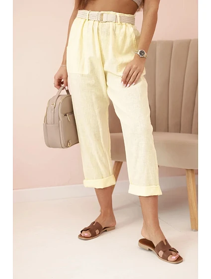 Dámské model 21035583 kalhoty s bavlnou a páskem žluté - K-Fashion Dámské model 21035583 kalhoty s bavlnou a páskem žluté - K-Fashion