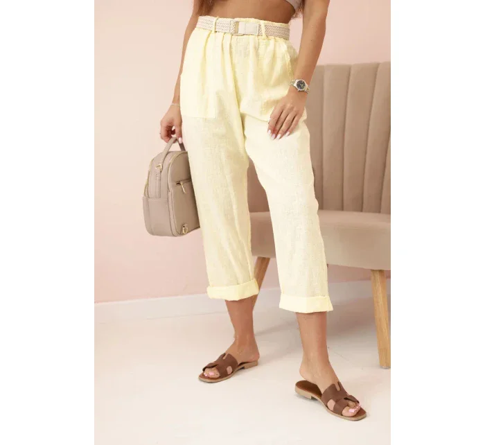 Dámské lněné kalhoty s bavlnou a páskem - žluté