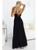 589-5 Maxi šaty bez ramínek s korzetovým zavazováním na zádech a rozparkem - černé