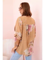 Dámská blůza z bavlny s květinovým vzorem a knoflíky - camelová Dámská blůza z bavlny s květinovým vzorem a knoflíky - camelová