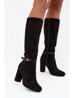 Dámské kozačky na podpatku se zlatou sponou zateplené černé model 21714336 - Boto