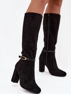 Dámské kozačky na podpatku se zlatou sponou zateplené černé model 21714336 - Boto