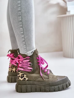 Dámské Kotníkové Boty Na Platformě S Ozdobným Šněrováním Leopardí Vzor Zelené Edidda