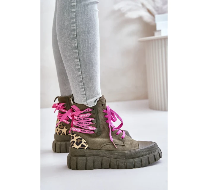 Dámské Kotníkové Boty Na Platformě S Ozdobným Šněrováním Leopardí Vzor Zelené Edidda Dámské Kotníkové Boty Na Platformě S Ozdobným Šněrováním Leopardí Vzor Zelené Edidda