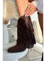 Dámské kotníkové kozačky – kovbojky se třásněmi na sloupku Gralina – čokoládové