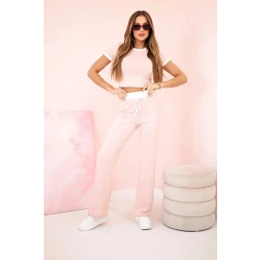 Žebrovaný komplet halenka + kalhoty se širokou nohavicí pudrově růžová Žebrovaný komplet halenka + kalhoty se širokou nohavicí pudrově růžová