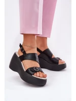 Kožené dámské sandály na platformě a podpatku model 21695743 černé - S.Barski