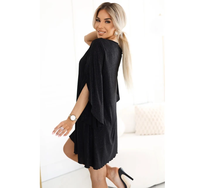 Elegantní trapézové šaty s rukávy černé s brokátem model 21097874 - numoco