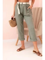 Dámské lněné kalhoty s bavlnou a páskem khaki