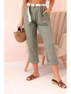 Dámské lněné kalhoty s bavlnou a páskem khaki