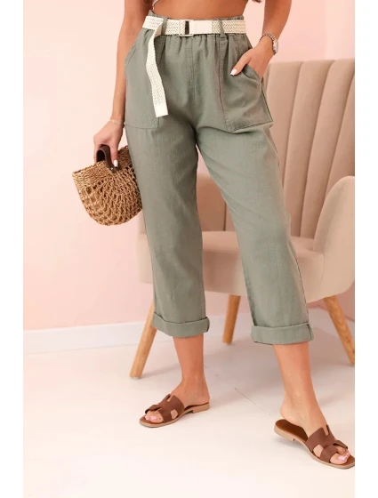 Dámské lněné kalhoty s bavlnou a páskem khaki