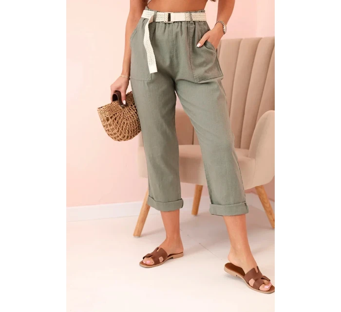 Dámské lněné kalhoty s bavlnou a páskem khaki