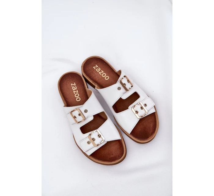 Kožené Ploché Sandály S Přezkami Bílé Zazoo 3020