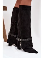 Dámské kozačky na podpatku s ozdobným páskem černé model 21708851 - Boto