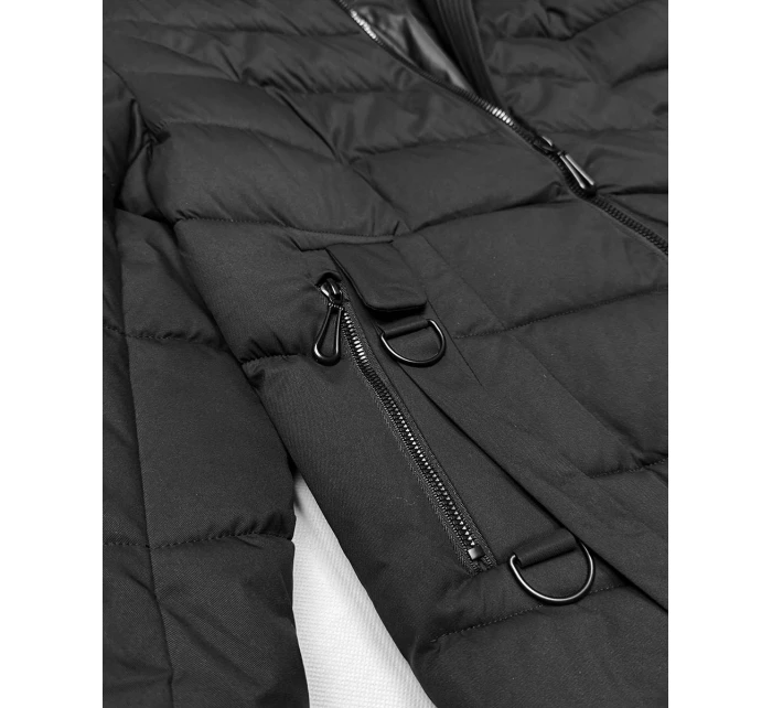 Černá dlouhá dámská bunda s kapucí (7662#-F06)