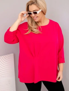 Dámská blůza plus size s bavlnou a dlouhým rukávem a nařasením fuchsie
