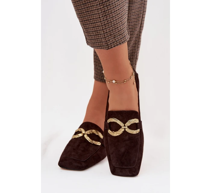 Dámské mokasíny z pravé semišové kůže se zlatým detailem D&A model 22031897 čokoládové - S.Barski