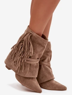 Dámské kotníkové boty na sloupkovém podpatku s třásněmi a zlatými přezkami Evelisse – béžové