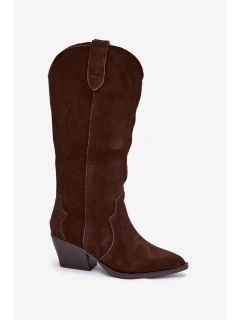 Dámské kožené semišové zateplené kovbojky model 21837061 – čokoládové - Kesi