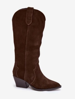 Dámské kožené semišové zateplené kovbojky model 21837061 – čokoládové - Kesi