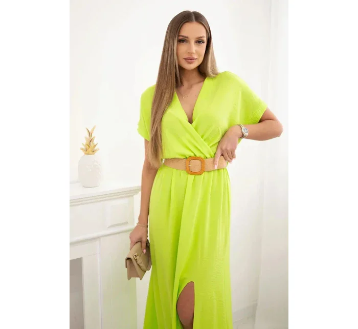 Dlouhé šaty s ozdobným páskem neonově zelená