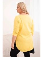 Dámská bavlněná blůza Plus Size s výstřihem do V a ohrnutým rukávem žlutá