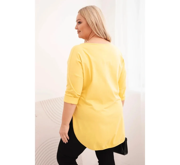 Dámská bavlněná blůza Plus Size s výstřihem do V a ohrnutým rukávem žlutá