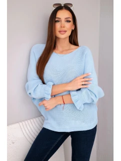 Dámský svetr z mohairu s nařasenými rukávy a výřezem na zádech modrý