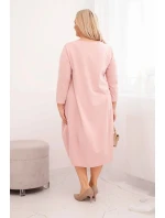 Dámská bavlněná šaty Plus Size s ohrnutým rukávem a kapsami pudrově růžová Dámská bavlněná šaty Plus Size s ohrnutým rukávem a kapsami pudrově růžová