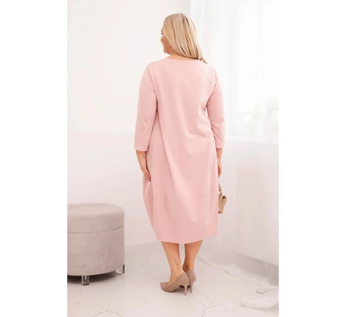 Dámská bavlněná šaty Plus Size s ohrnutým rukávem a kapsami pudrově růžová Dámská bavlněná šaty Plus Size s ohrnutým rukávem a kapsami pudrově růžová