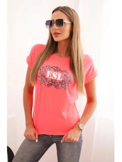 Dámská bavlněná halenka s ozdobným potiskem ESL růžový neon