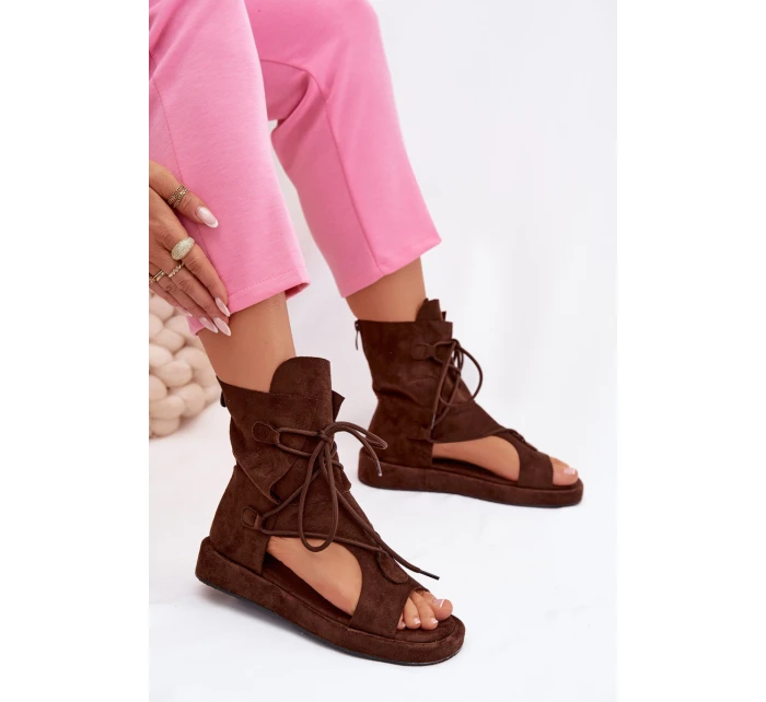 Dámské sandály Eko semiš s vysokým páskem a šněrováním Čokoládové Ferlisse