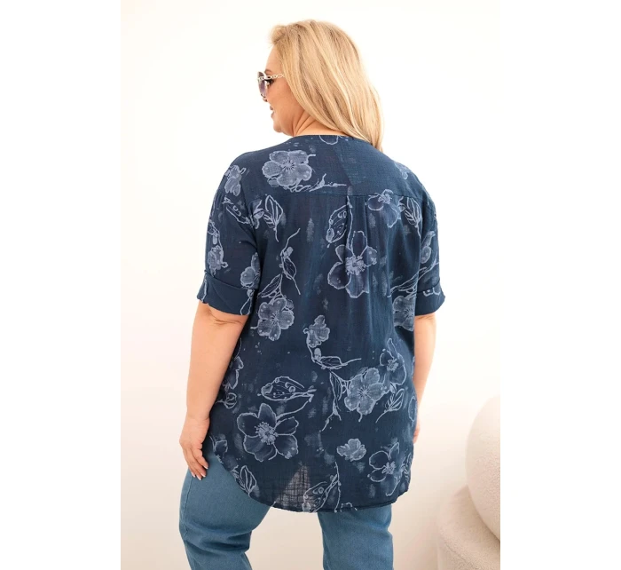 Dámská bavlněná halenka Plus Size s květinovým vzorem námořnická modrá