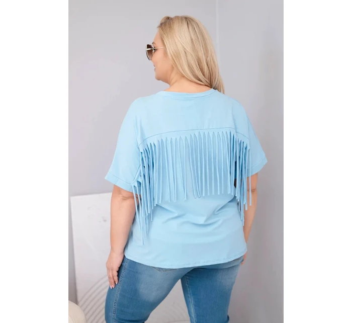 Dámská bavlněná halenka s výstřihem do V a s třásněmi na zádech modrá