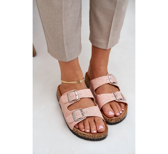 Textilové pantofle na korkové podrážce s přezkami růžové Atera Textilové pantofle na korkové podrážce s přezkami růžové Atera