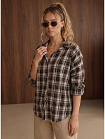 Dámská bavlněná košile s kostkovaným vzorem, tmavě hnědá, FashionStreet DY0512 Dámská bavlněná košile s kostkovaným vzorem, tmavě hnědá, FashionStreet DY0512