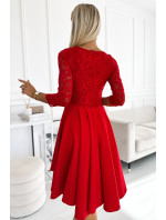 NICOLLE - Červené dámské šaty s krajkovým výstřihem a delším zadním dílem 210-16