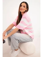 Dámský pruhovaný svetr s límečkem a krátkým rukávem růžový jasný