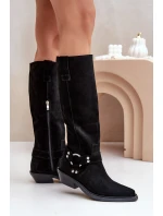 Semišové Kozačky Kovbojky Na Nízkém Podpatku S Dekorací model 21680168 Černé - Zazoo