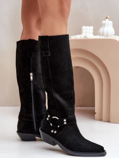 Semišové Kozačky Kovbojky Na Nízkém Podpatku S Dekorací Zazoo 3656 Černé