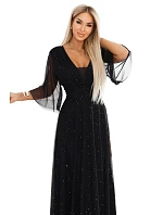 Dlouhé lesklé plus size šaty s výstřihem a rukávy černé model 22200156 - numoco basic Dlouhé lesklé plus size šaty s výstřihem a rukávy černé model 22200156 - numoco basic