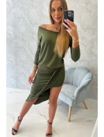 Asymetrické šaty s 3/4 rukávy v khaki barvě