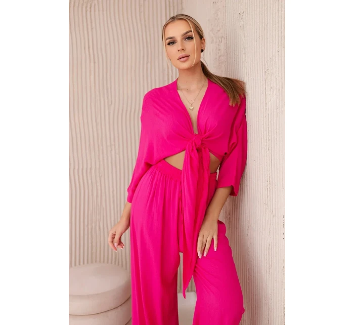 Viskózový komplet, dole zavazovaná halenka + kalhoty růžový