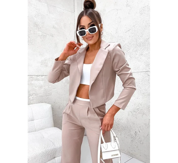 Béžový dámský komplet krátké sako a široké kalhoty model 19763935 - Moon Béžový dámský komplet krátké sako a široké kalhoty model 19763935 - Moon