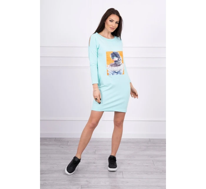 Šaty s 3D grafikou, mátová krajka