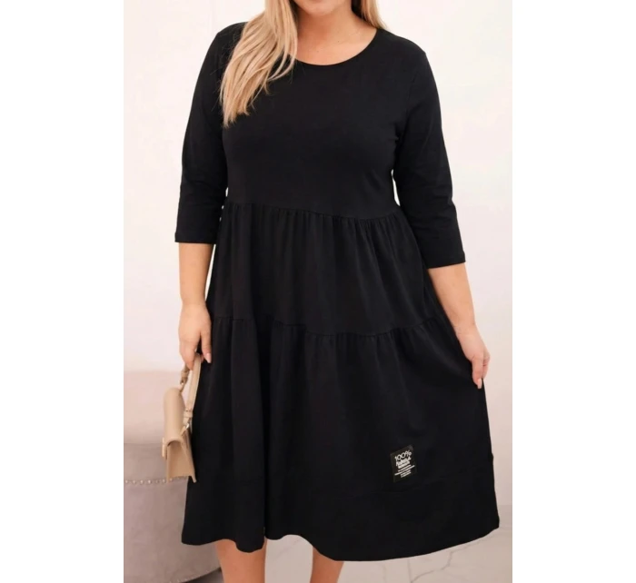 Dámská bavlněná Plus Size šaty s volány a ohrnutým rukávem černá Dámská bavlněná Plus Size šaty s volány a ohrnutým rukávem černá