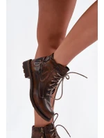 Dámské kotníkové boty z pravé kůže na ploché podrážce model 21713963 hnědé - Maciejka